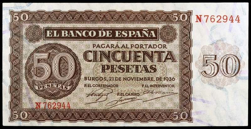 1936. Burgos. 50 pesetas. (Ed. D21a) (Ed. 420a). 21 de noviembre. Serie N. Esqui...