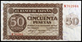 1936. Burgos. 50 pesetas. (Ed. D21a) (Ed. 420a). 21 de noviembre. Serie N. Esquinas algo rozadas. Raro. S/C-.