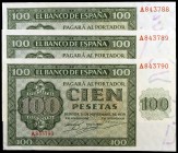 1936. Burgos. 100 pesetas. (Ed. D22) (Ed. 421). 21 de noviembre. Trío correlativo, serie A. Leve doblez. Apresto. EBC+.