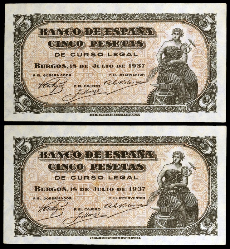 1937. Burgos. 5 pesetas. (Ed. D25a) (Ed. 424a). 18 de julio. Pareja correlativa,...