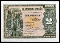 1937. Burgos. 2 pesetas. (Ed. D27) (Ed. 426). 12 de octubre. Serie A. Una esquina rozada. Raro. S/C-.
