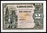 1937. Burgos. 2 pesetas. (Ed. D27a) (Ed. 426a). 12 de octubre. Serie B. Una esquina rozada. Raro. S/C-.