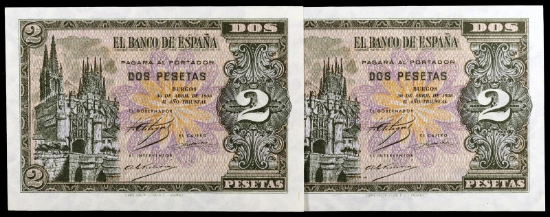 1938. Burgos. 2 pesetas. (Ed. D30a) (Ed. 429a). 30 de abril. Pareja correlativa,...