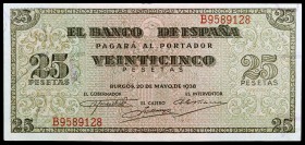 1938. Burgos. 25 pesetas. (Ed. D31a) (Ed. 430a). 20 de mayo. Serie B. Esquinas levemente rozadas. Escaso así. S/C-.