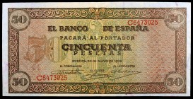 1938. Burgos. 50 pesetas. (Ed. D32a) (Ed. 431a). 20 de mayo. Serie C. Leve doblez. Escaso. EBC-.