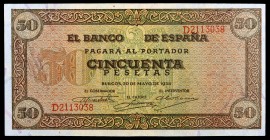 1938. Burgos. 50 pesetas. (Ed. D32a) (Ed. 431a). 20 de mayo. Serie D. Leve doblez. Escaso. EBC+.