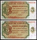 1938. Burgos. 5 pesetas. (Ed. D36a) (Ed. 435a). 10 de agosto. Pareja correlativa, serie L. S/C.