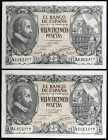 1940. 25 pesetas. (Ed. D37) (Ed. 436). 9 de enero, Juan de Herrera. Pareja correlativa, serie A. Nº: 0002617 y 0002618. Leve doblez. Extraordinarios. ...