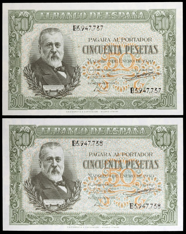 1940. 50 pesetas. (Ed. D38a) (Ed. 437a). 9 de enero, Menéndez Pelayo. Pareja cor...