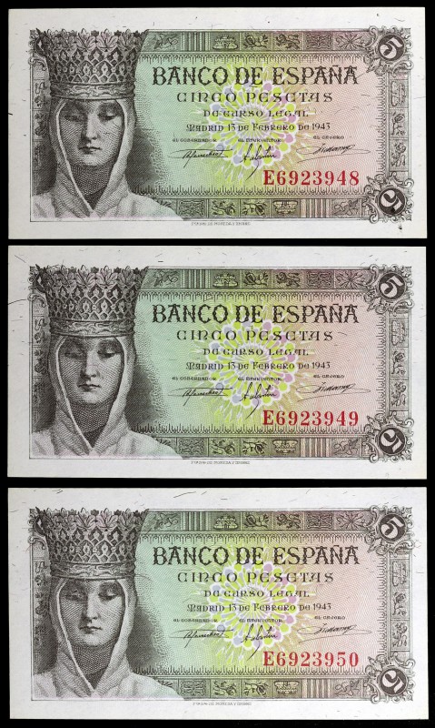 1943. 5 pesetas. (Ed. D47a) (Ed. 446a). 13 de febrero, Isabel la Católica. Trío ...