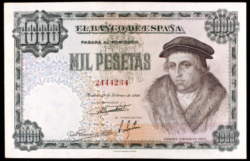 1946. 1000 pesetas. (Ed. D54) (Ed. 453). 19 de febrero, Luis Vives. Leve doblez,...