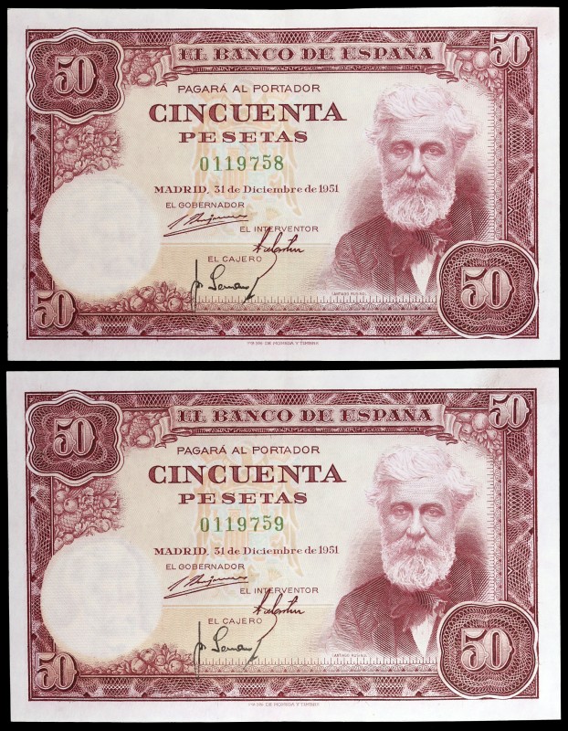 1951. 50 pesetas. (Ed. D63) (Ed. 462). 31 de diciembre, Rusiñol. Pareja correlat...