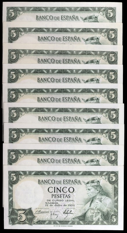 1954. 5 pesetas. (Ed. D67) (Ed. 466). 22 de julio, Alfonso X. 9 billetes, sin se...