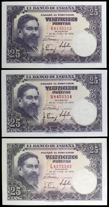 1954. 25 pesetas. (Ed. D68a) (Ed. 467a). 22 de julio, Albéniz. 3 billetes, serie...