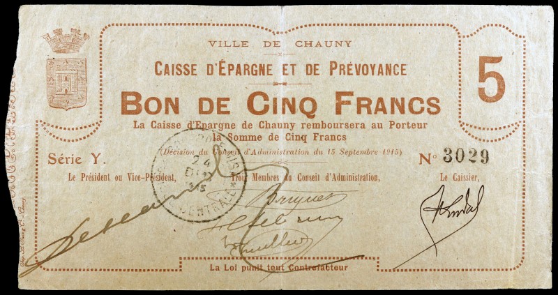 Francia. 1915. Chauny. Fondo de Ahorro y Previsión. 5 francos. 15 de septiembre....