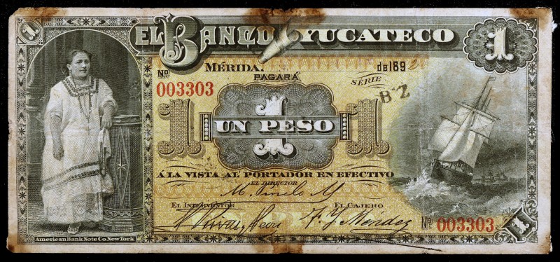 México. Mérida, Yucatán. 1892. El Banco Yucateco. 1 peso. Tres firmas. Serie BZ....