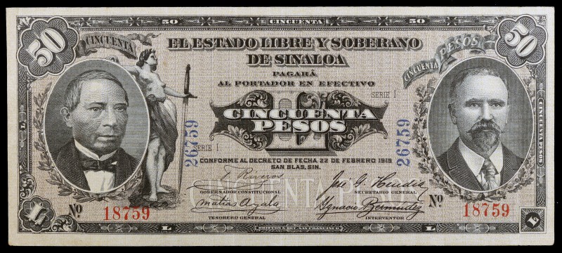 México. Sinaloa. 1915. El Estado Libre y Soberano de Sinaloa. 50 pesos. (Pick S1...