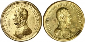 s/d (1812-1813). Arthur Wellington. Al duque de Ciudad Rodrigo. Placa de anverso. Unifaz. Latón dorado. 9,25 g. Ø57 mm. EBC.