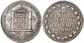 1808. Fernando VII. Chiapa. Proclamación con valor 2 reales. (AC. 770) (Grove F-40) (Ha. 9) (Medina 289) (Ruiz Trapero 323) (V. 203) (V.Q. 13272). Rar...