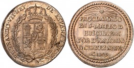 1809. Fernando VII. San Mateo de Huichapán. Proclamación. (Grove F-164a) (Ha. 69 var metal). Herrera, Medina y Vidal Quadras catalogan esta pieza en p...