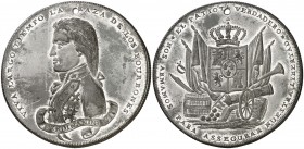 s/d (1808). Fernando VII. (V.Q. 14171). Medalla patriótica. Perforación. Bella. Ex Colección Valentín de Céspedes. Escasa. Metal blanco. 17,18 g. Ø41 ...