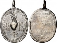 1819. Fernando VII. Ovalada. Medalla religiosa. Golpecitos. Plata. 12,50 g. 27x33 mm, con anilla solidaria de 7 mm. MBC-.