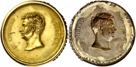 s/d (1820). Fernando VII. Antonio Quiroga. Placa de anverso. Grabador: F. A. Canois. Unifaz. Golpes. Latón dorado. 9,14 g. Ø63 mm. MBC.