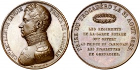 Francia. 1823. Luis XVIII. Toma del Trocadero en Cádiz por el príncipe de Carignan. (Collignon 383). Grabador: J. J. Barré. Bella. Bronce. 41,35 g. Ø4...