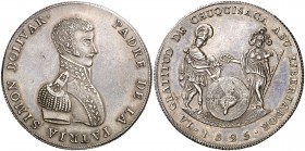 Bolivia. 1825. Simón Bolívar. Chuquisaca. Proclamación. (Fonrobert 9741). Ex Colección A. J. Derman. Rara. Plata. 33,79 g. Ø42 mm. EBC.