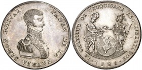 Bolivia. 1825. Simón Bolívar. Chuquisaca. Proclamación. (Fonrobert 9741). Bella. Ex Colección A. J. Derman. Rara. Plata. 36,79 g. Ø42 mm. EBC.