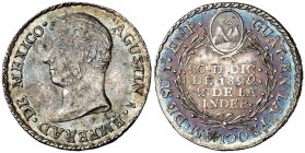 1822. Agustín I. Guatemala. Proclamación. (Grove 34a) (Rosa 1305). Pátina irisada. Rayitas. Bella. Brillo original. Rara. Plata. 3,34 g. Ø20 mm. EBC....