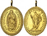 1817. Virgen de Guadalupe. (Medina Col. 103 var metal). Ovalada. Bella. Rara. Oro. 17,30 g. 28x35 mm, con anilla de 7 mm. EBC.