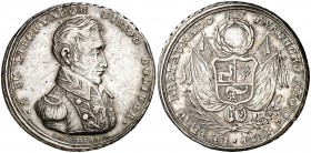 Perú. 1824. A su libertador Simón Bolívar. Batalla de Ayacucho. (Fonrobert 9178) (Rosa 1400). Grabador: A. Davalos. Golpecitos. Rara. Plata. 16,18 g. ...
