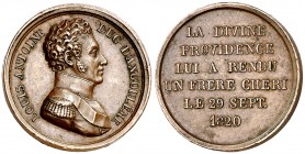 Francia. 1820. Luis XVIII. Al duque de Angulema. Grabador: Desnoyers. Bella. Bronce. 3,26 g. Ø19 mm. EBC.