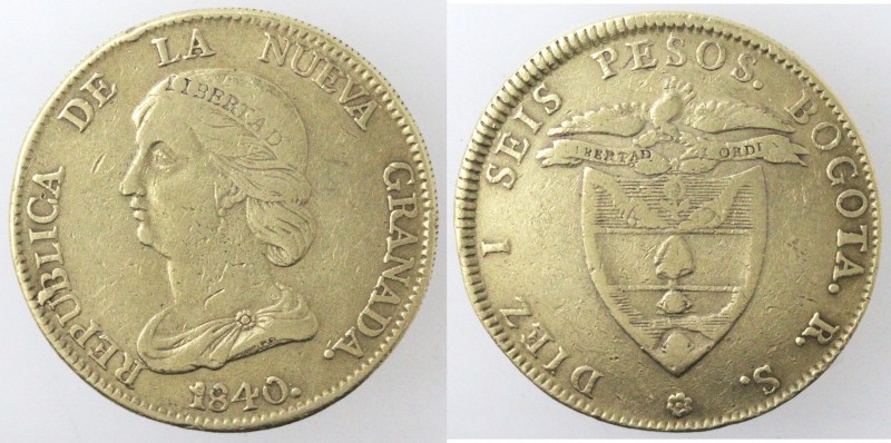 Monete Estere. Colombia. 16 Pesos 1840. Au 875. Zecca di Bogota. KM 94.1. Peso g...