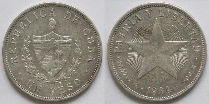 Monete Estere. Cuba. Peso 1934. Ag 900. KM 15.2. Peso gr. 26,75. Diametro mm. 38...
