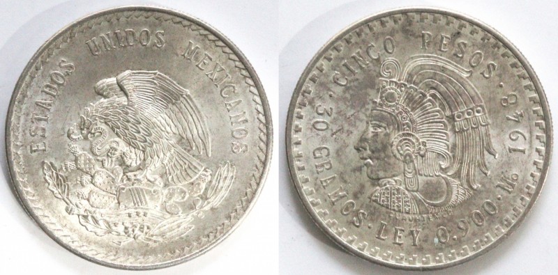 Monete Estere. Messico. 5 Pesos 1948. Ag. KM 465. Peso 30 gr. qFDC. (D.1021)