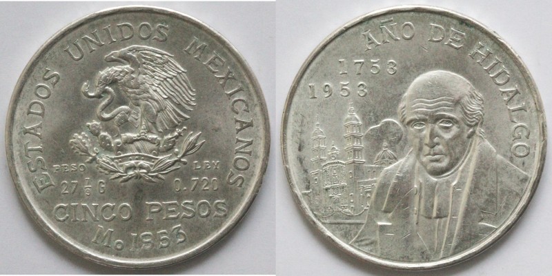 Monete Estere. Messico. 5 Pesos 1953. Ag. KM 468. Peso 27,87 gr. SPL+. Graffiett...