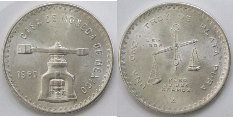 Monete Estere. Messico. Oncia 1980. Ag 925. KM 49b.5. Peso 33,63 gr. qFDC. (D.10...