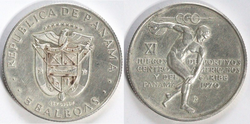 Monete Estere. Panama. 5 Balboas 1970. Ag. Km. 28. Peso gr. 36. qFDC. (D.1021)