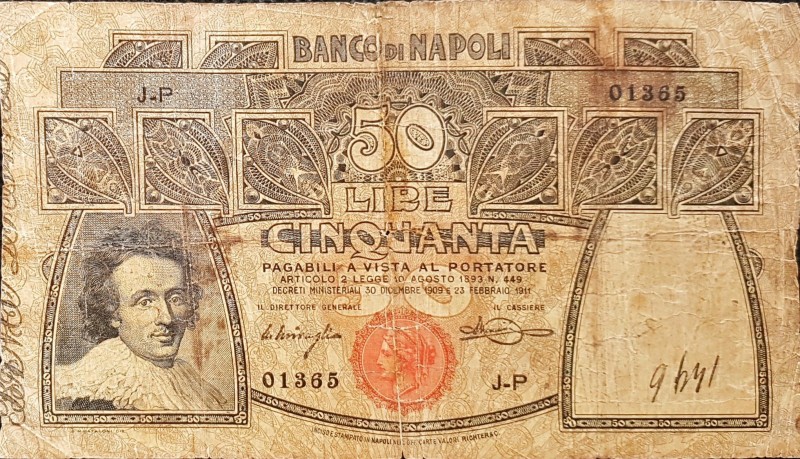 Banconote. Banco di Napoli. 50 Lire Rosa. D.M. 23-11-1911. Gig. BN6D. MB. Pieghe...