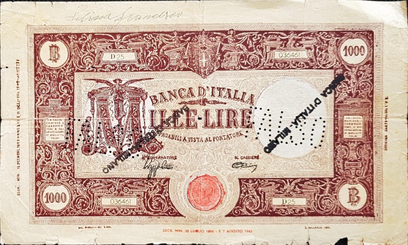 Banconote. Regno D'Italia. Vittorio Emanuele III. 1.000 Lire Grande M. (Fascio)....