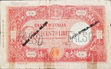 Banconote. Regno D'Italia. Vittorio Emanuele III. 500 lire Grande C. (B.I.). D.M. 08-10-1943. Gig. BI34A. B. Pieghe, Strappi, Scritta. FALSO D'EPOCA.