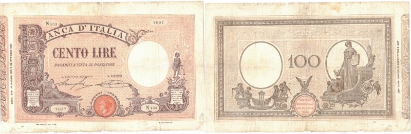 Banconote. Regno D'Italia. Vittorio Emanuele III. 100 Lire Matrice (Decreto). D....