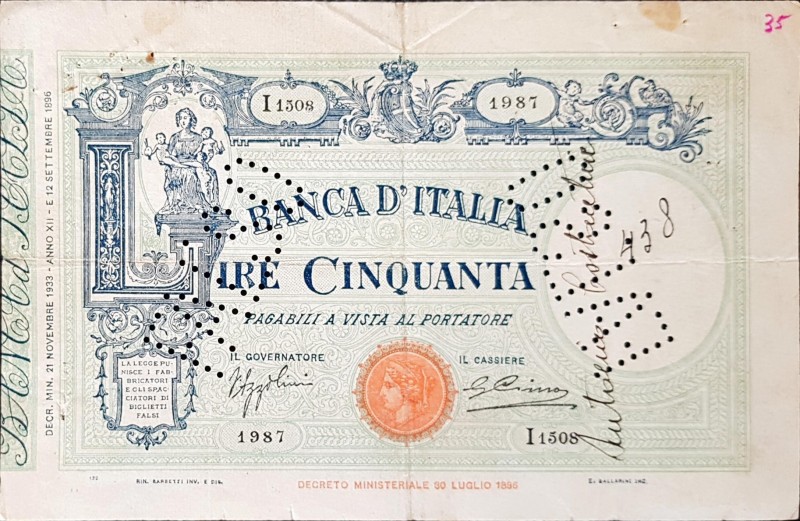 Banconote. Regno D'Italia. Vittorio Emanuele III. 50 lire Grande L. (Fascio). D....