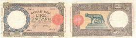 Banconote. Regno D'Italia. Vittorio Emanuele III. 50 lire Lupetta (Fascio). L'Aquila. D.M. 13-02-1943.