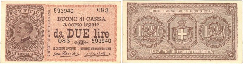 Banconote. Regno D'Italia. Vittorio Emanuele III. Buono di cassa da 2 Lire. Seri...