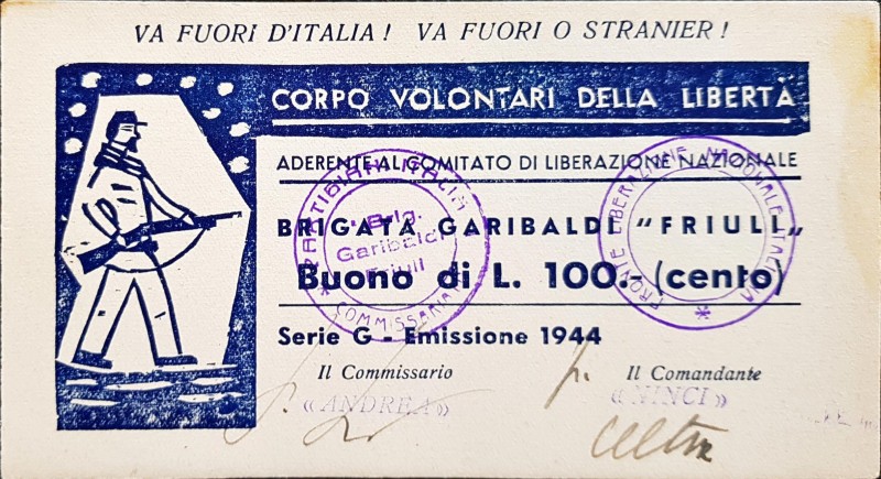 Banconote. Partigiani. Corpo Volontari della Libertà. Brigata Garibaldi Friuli. ...