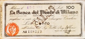 Banconote. Banca del Monte di Milano. 100 Lire 1944. qSPL. FALSO D'EPOCA.