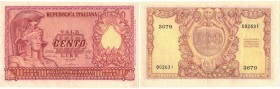 Banconote. Repubblica Italiana. 100 lire. Italia Elmata. Dec. Min. 31-12-1951.